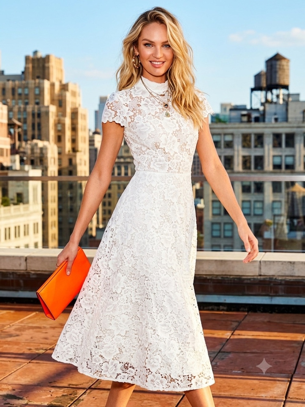ISABEL SANCHIS White Lace Midi Dress High Neck Short Sleeve Mock Neck Cocktail S